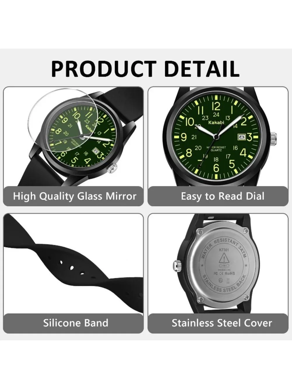 Men's Black Green Comfortable Silicone Strap Unisex Military Analog Casual Watch